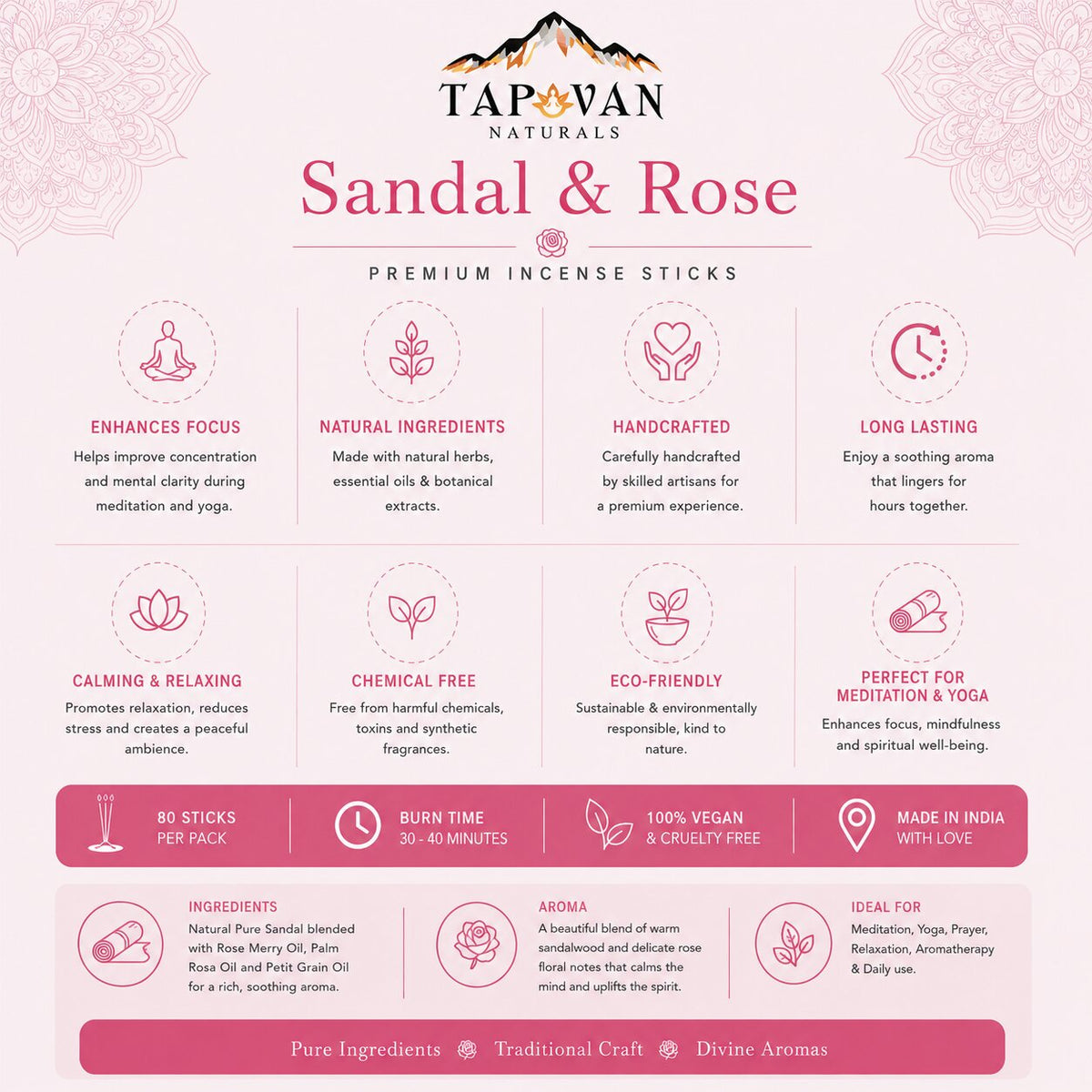 Sandal & Rose Incense Sticks Pack of 4 with Stick Stand