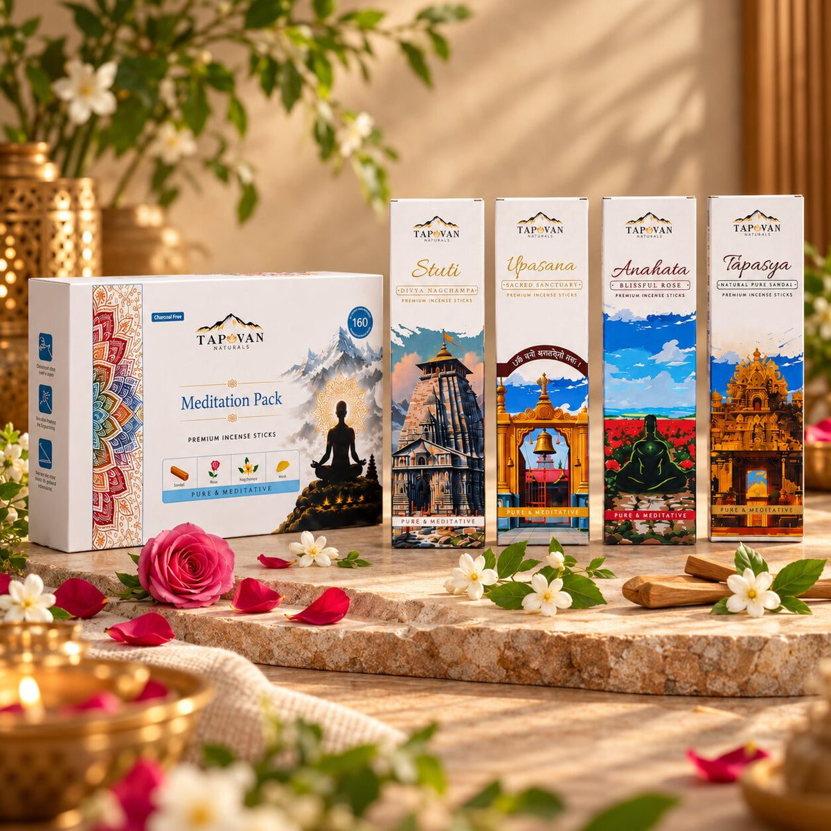 Sandalwood, Rose, Nagchampa and Sanctuary Musk Incense Sticks Pack with Stick Stand