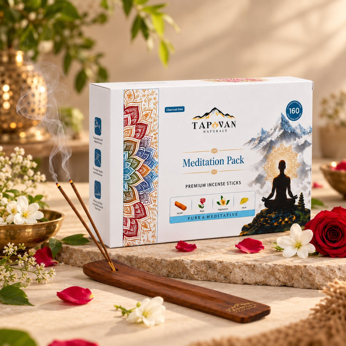Sandalwood, Rose, Nagchampa and Sanctuary Musk Incense Sticks Pack with Stick Stand